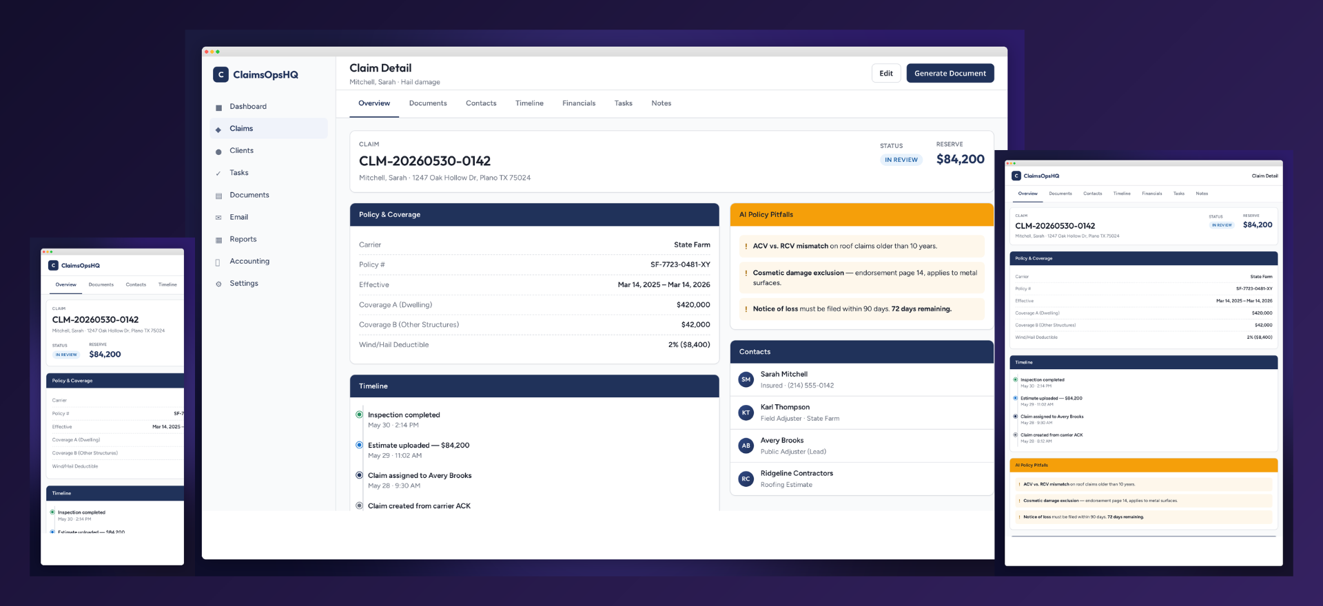 Claim detail page with Texas compliance milestone tracker on desktop and tablet