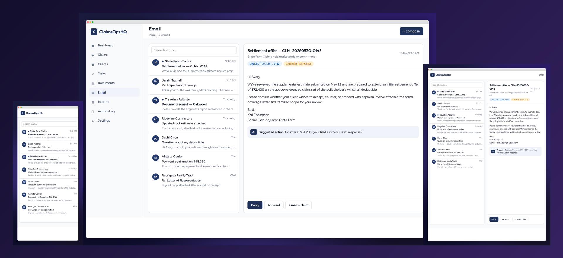 Integrated inbox with AI claim-matching and suggested carrier responses