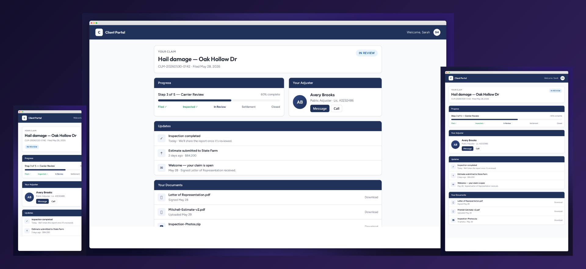 Client portal showing claim progress, assigned adjuster, and downloadable documents